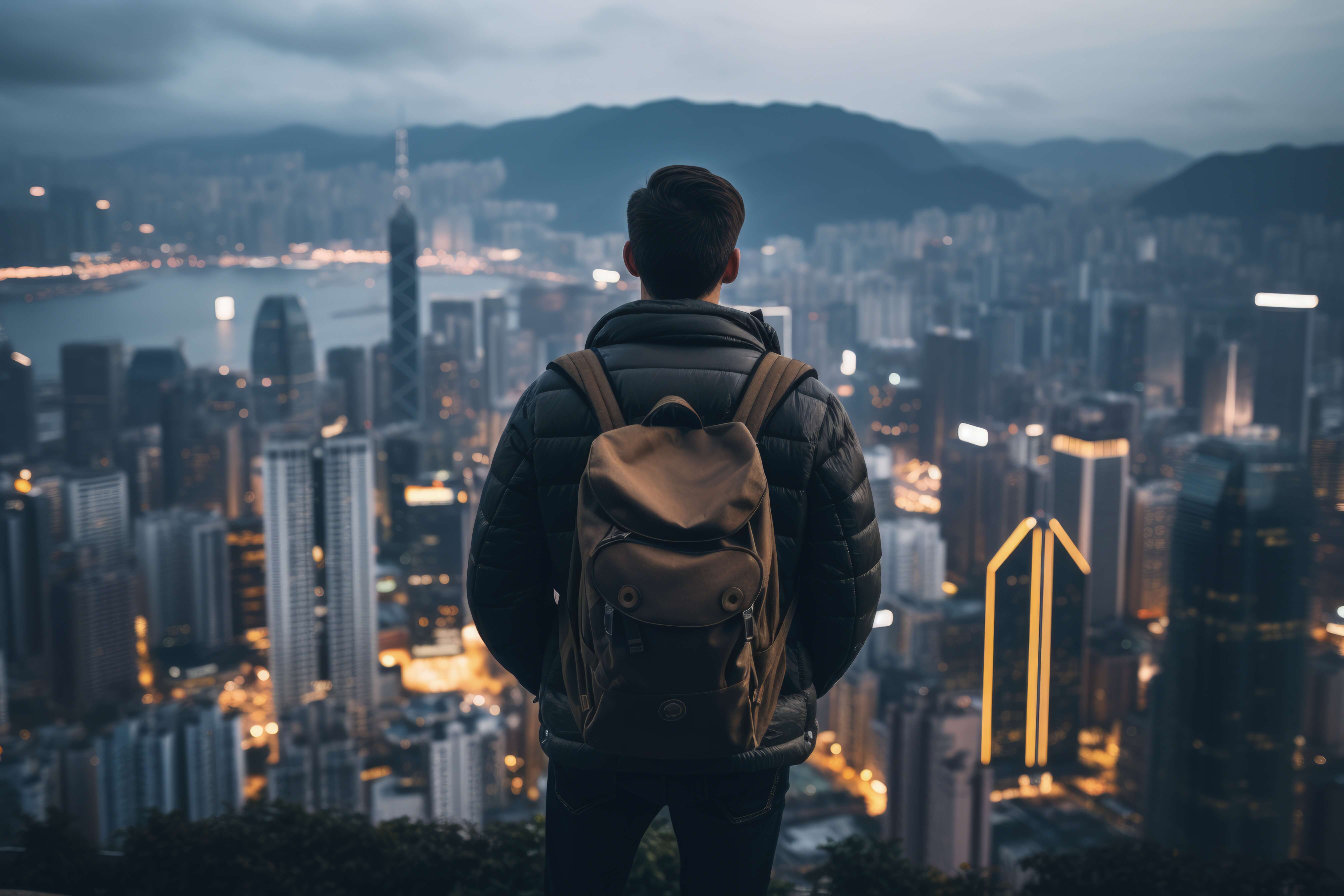 Viajero nómada contemplando la ciudad desde las alturas